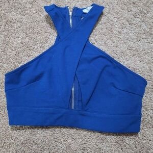 Blue Cross-Front Crop Top with Front Zip